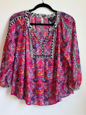 Nicole Miller Women’s Pink Floral Split-Neck Long Sleeve Blouse Sz S